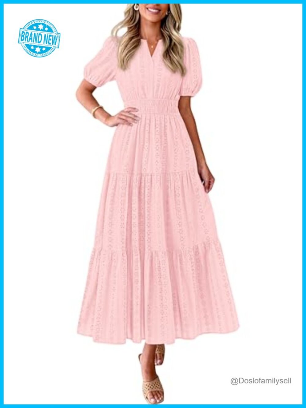 Womens Maxi Dress Puff Sleeve V Neck Smocked Eyelet Cotton Flowy Sundress